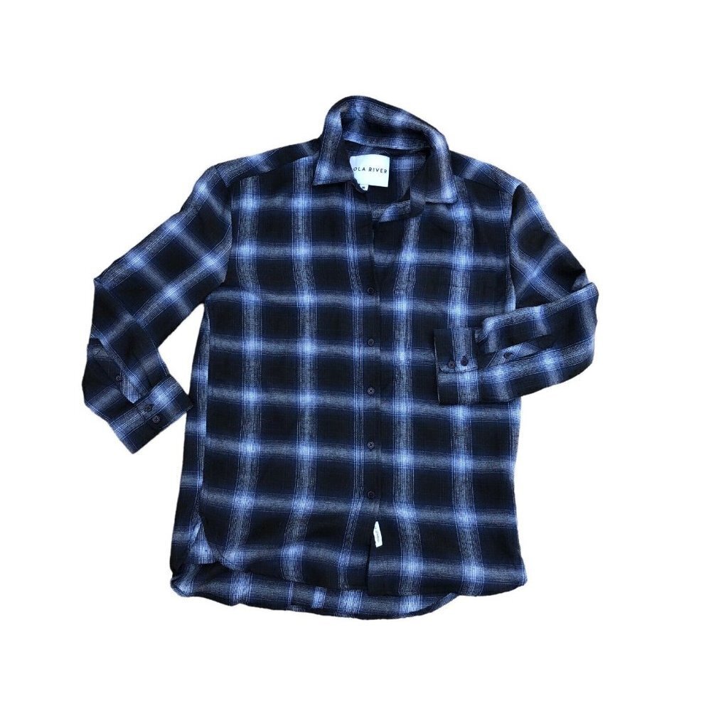 LOLA RIVER Flannel Shirt Women's MEDIUM Oversized Fit Plaid Blue Long Sleeve - Picture 1 of 7